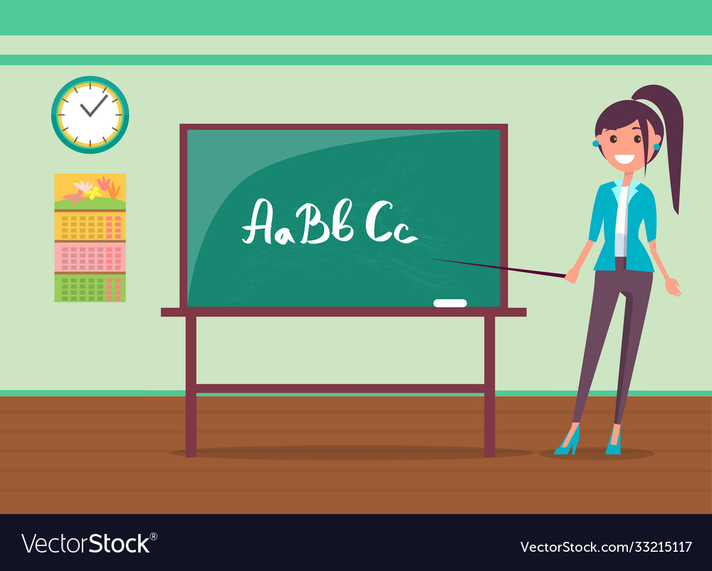 Teacher On Lesson Showing On Blackboard In Class Vector Image