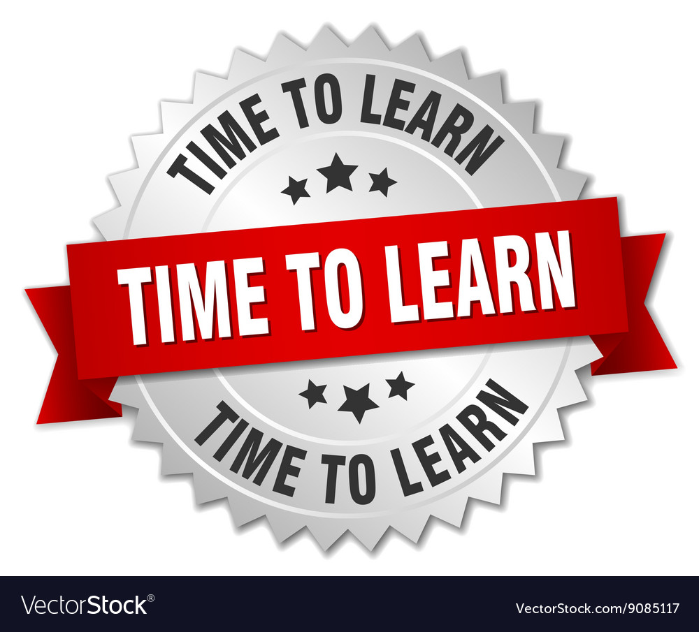 Time to learn 3d silver badge with red ribbon