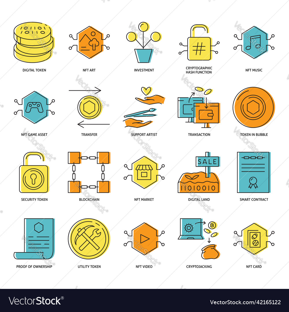 Nft token and blockchain icon set vector image Nft token and blockchain icon set