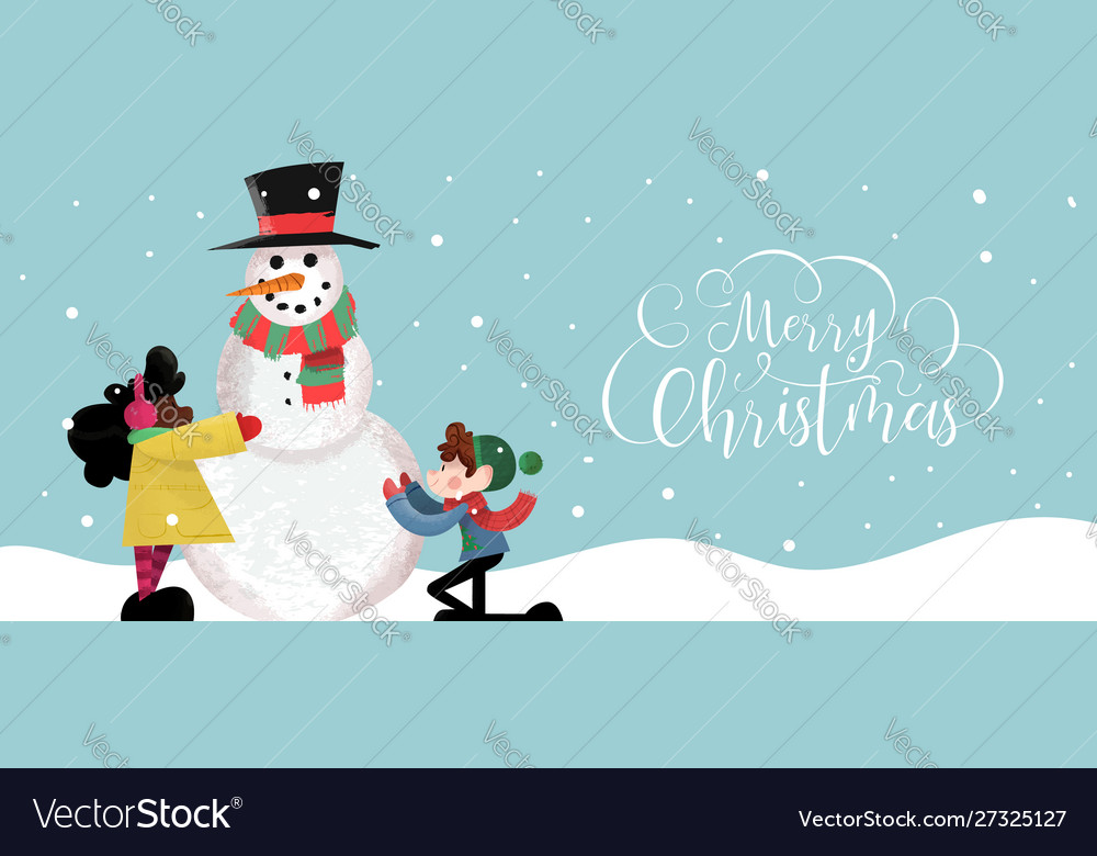 Christmas banner cute children making snowman