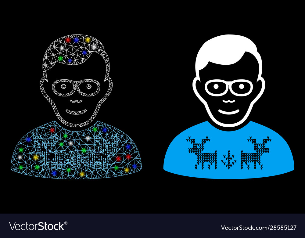 Glowing mesh wire frame nerd guy icon with light vector image Glowing mesh wire frame nerd guy icon with light