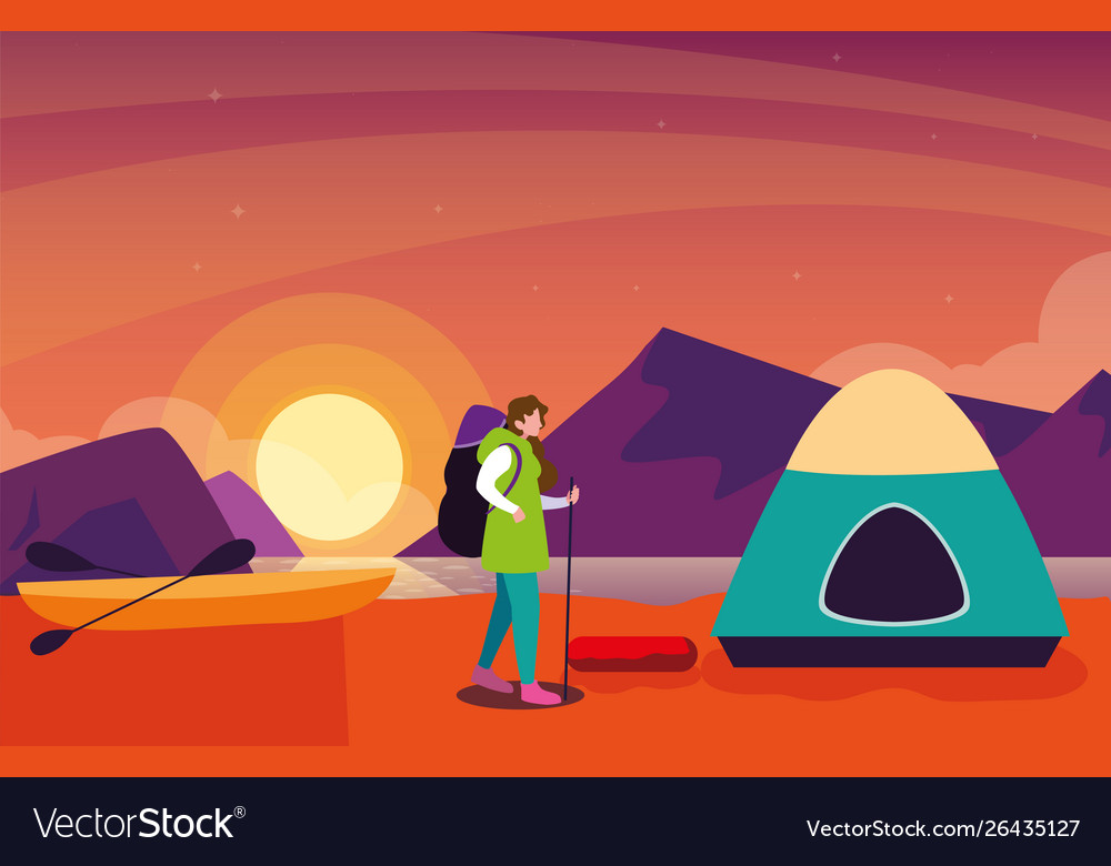 Man with camping tent on river shore