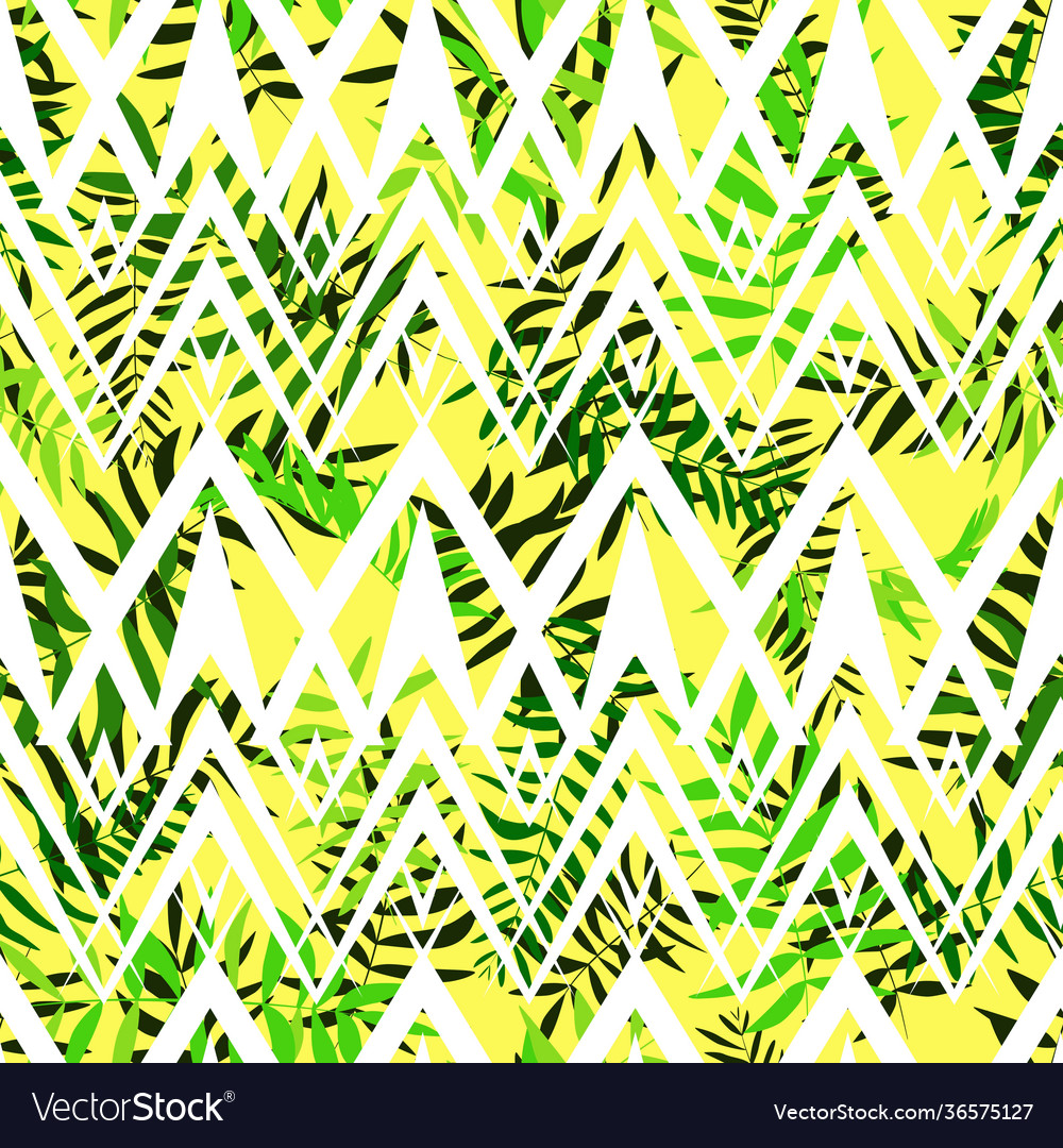 Seamless green leaves with white geometric