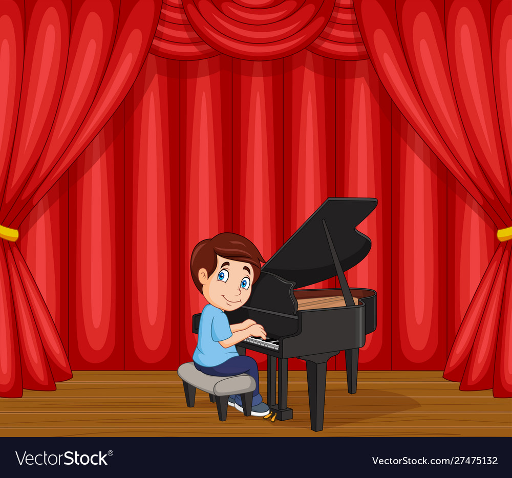 Garoto de desenho animado tocando piano no palcoGaroto de desenho animado tocando piano no palco  