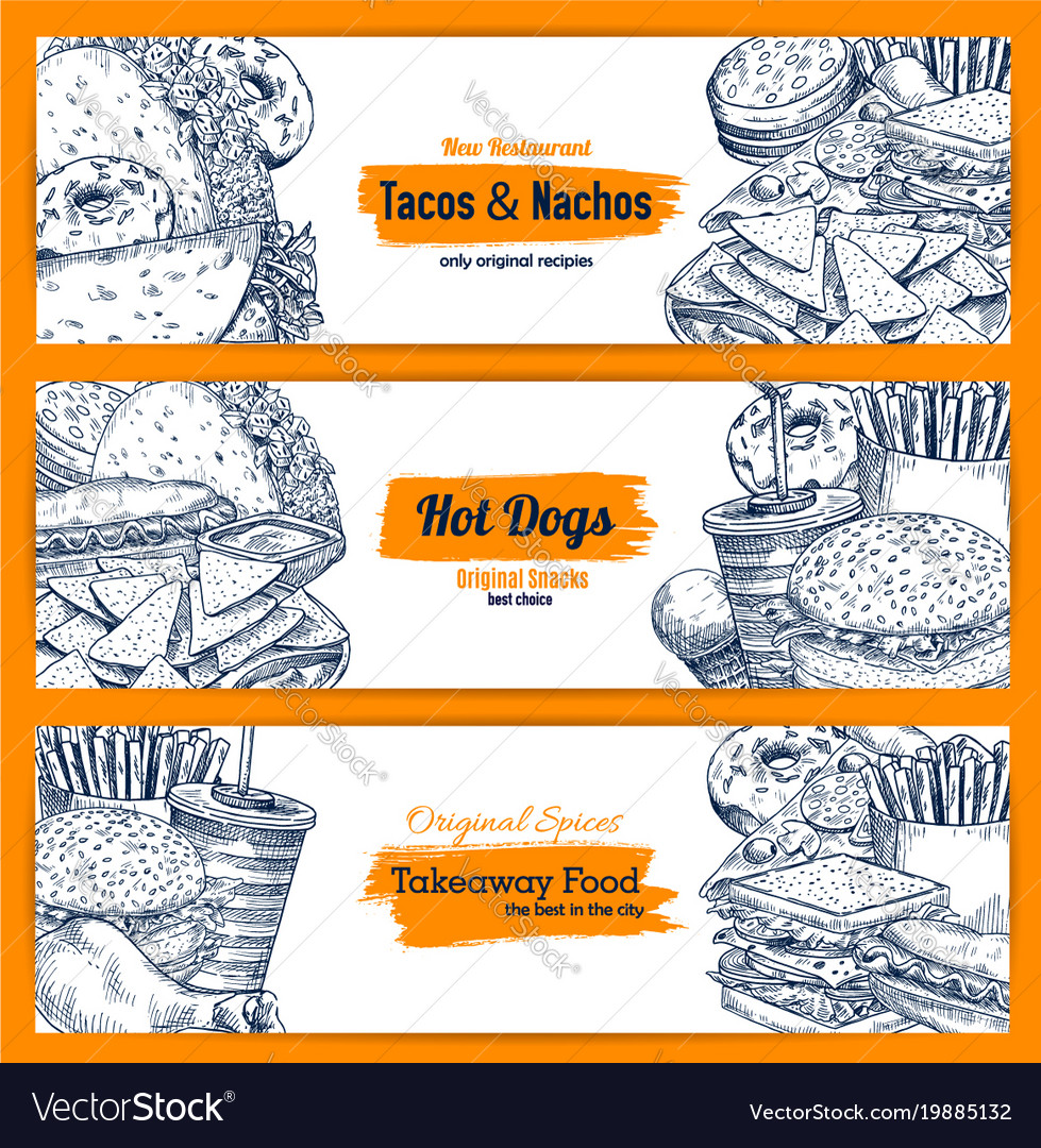 Fast food restaurant menu banner with lunch sketch