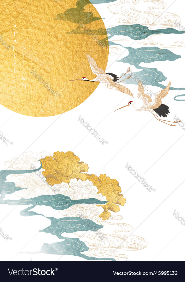 Gold sun and moon japanese background with floral Vector Image