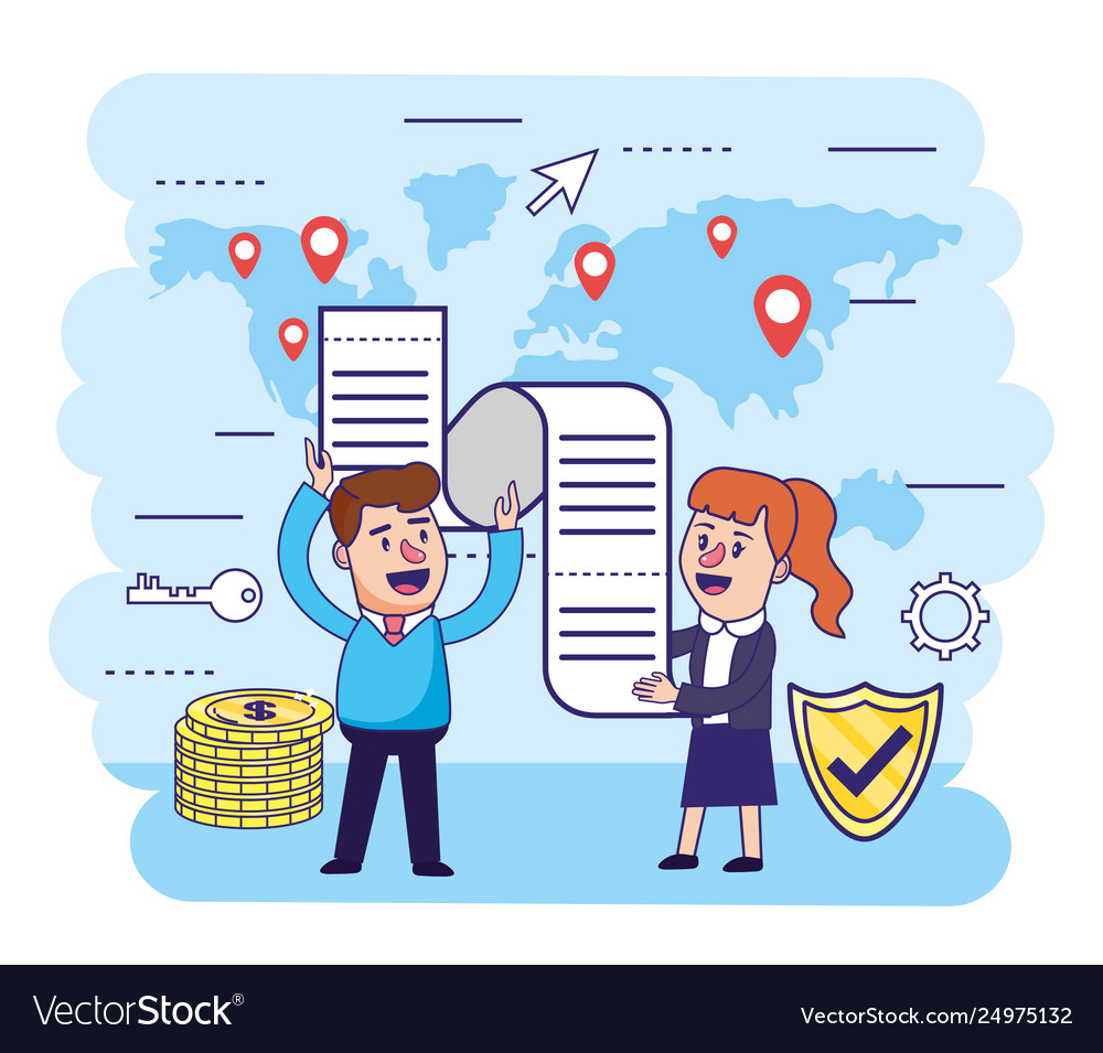 Woman and man with invoice security shield