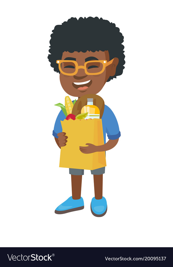 Boy holding paper shopping bag full of groceries Vector Image