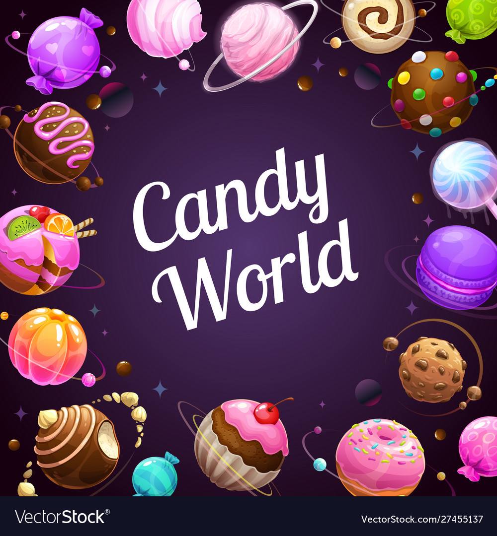 Candy world poster glazed donut candies cakes Vector Image