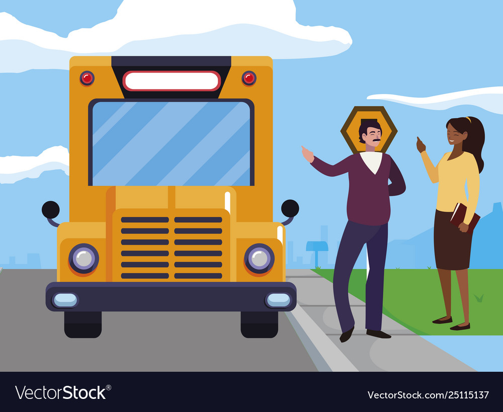 Interracial teachers couple in stop bus