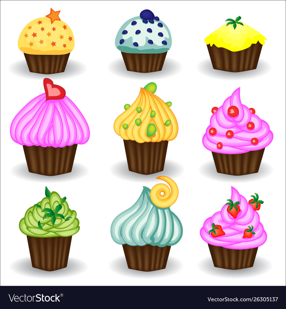 Set colorful cupcakes decorated