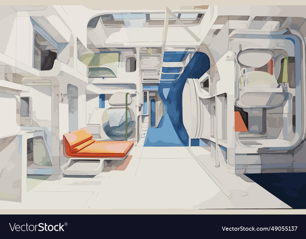 Watercolor futuristic bedroom interior drawing vector image Watercolor futuristic bedroom interior drawing
