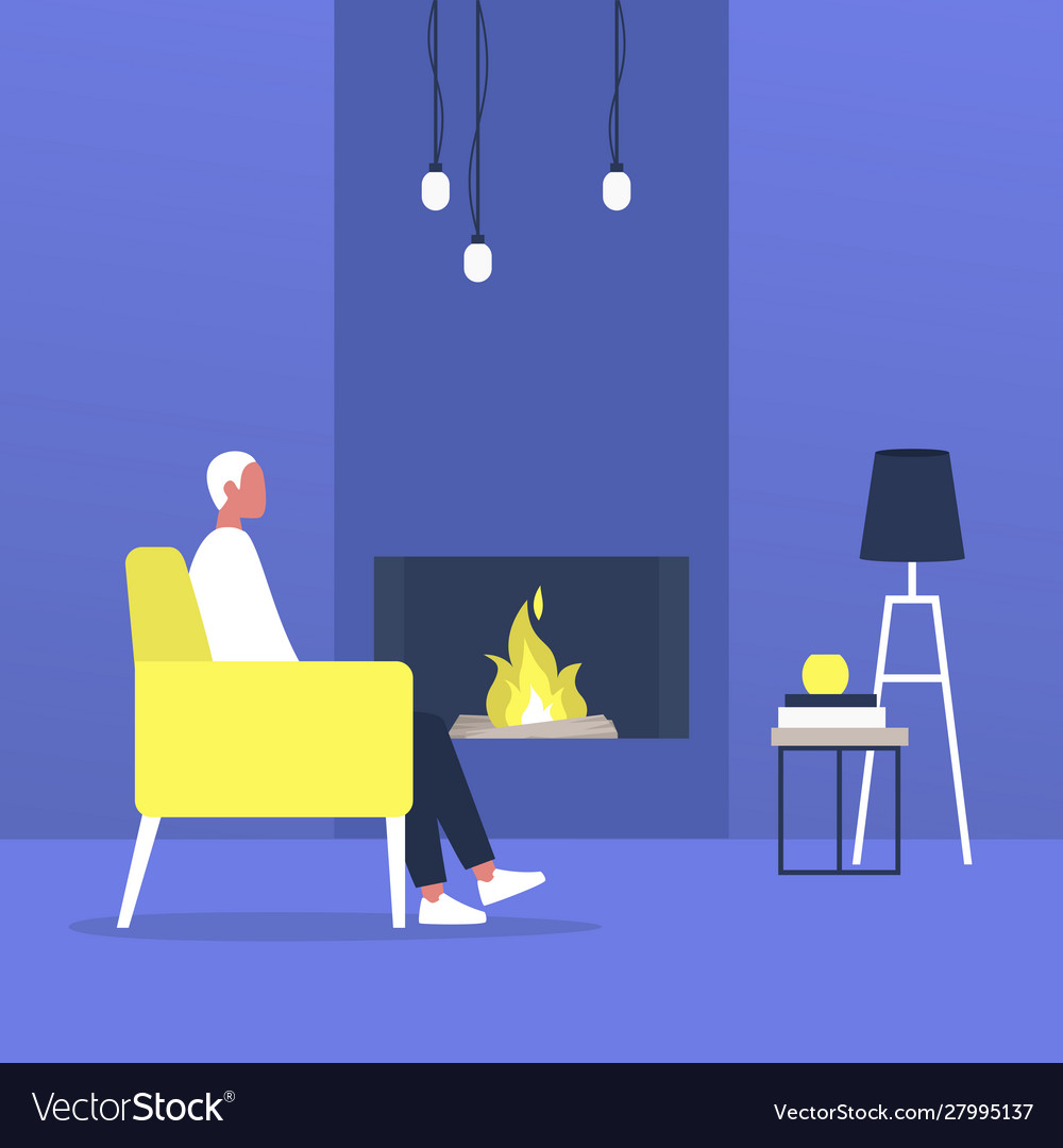 Young Male Character Sitting Next To A Fireplace Vector Image