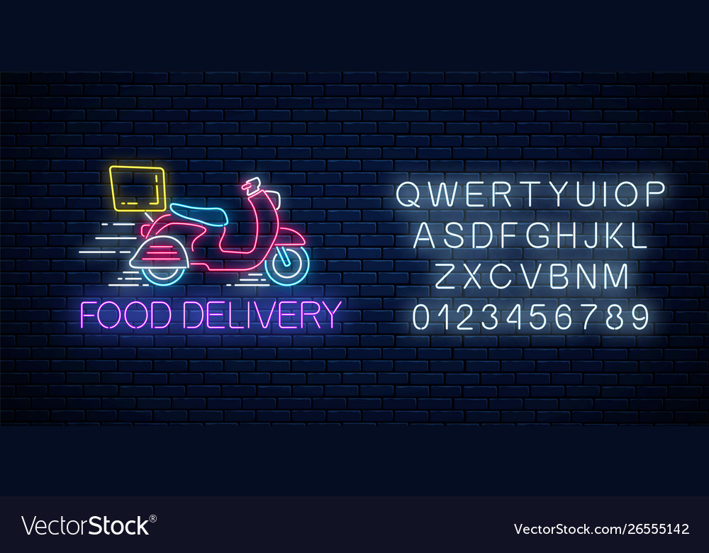 Glowing neon food delivery sign with delivering