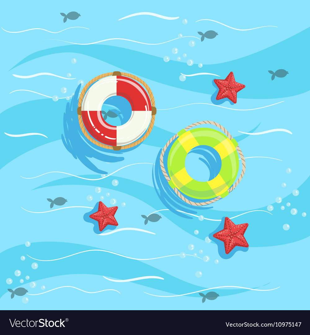 Two ring buoys with blue sea water on background Vector Image