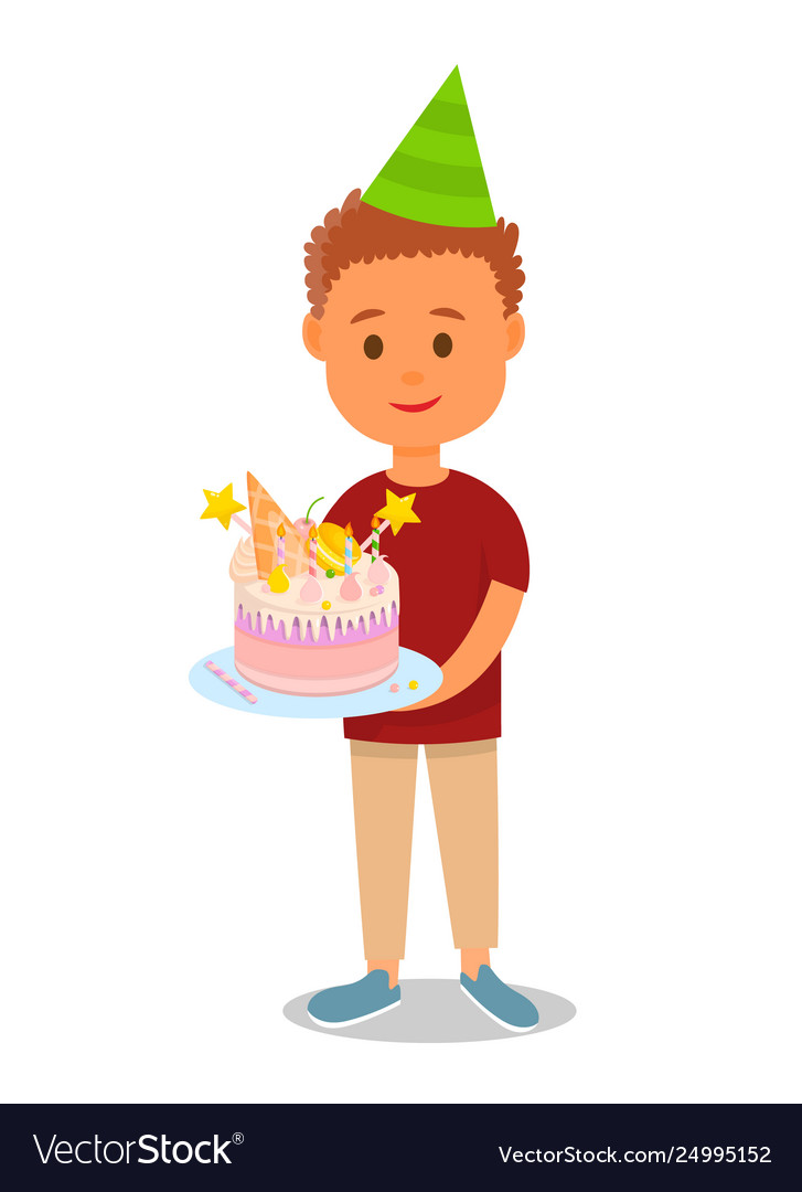 Boy in birthday hat holding cake with sweets Vector Image