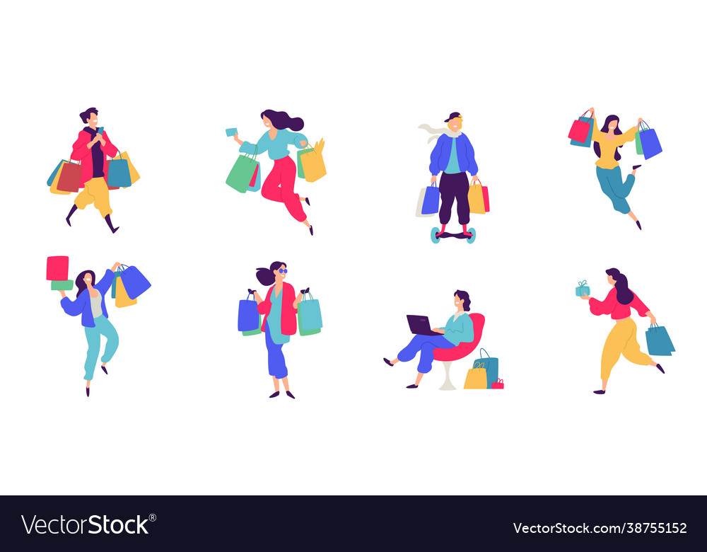Cheerful shoppers characters happy people vector image Cheerful shoppers characters happy people