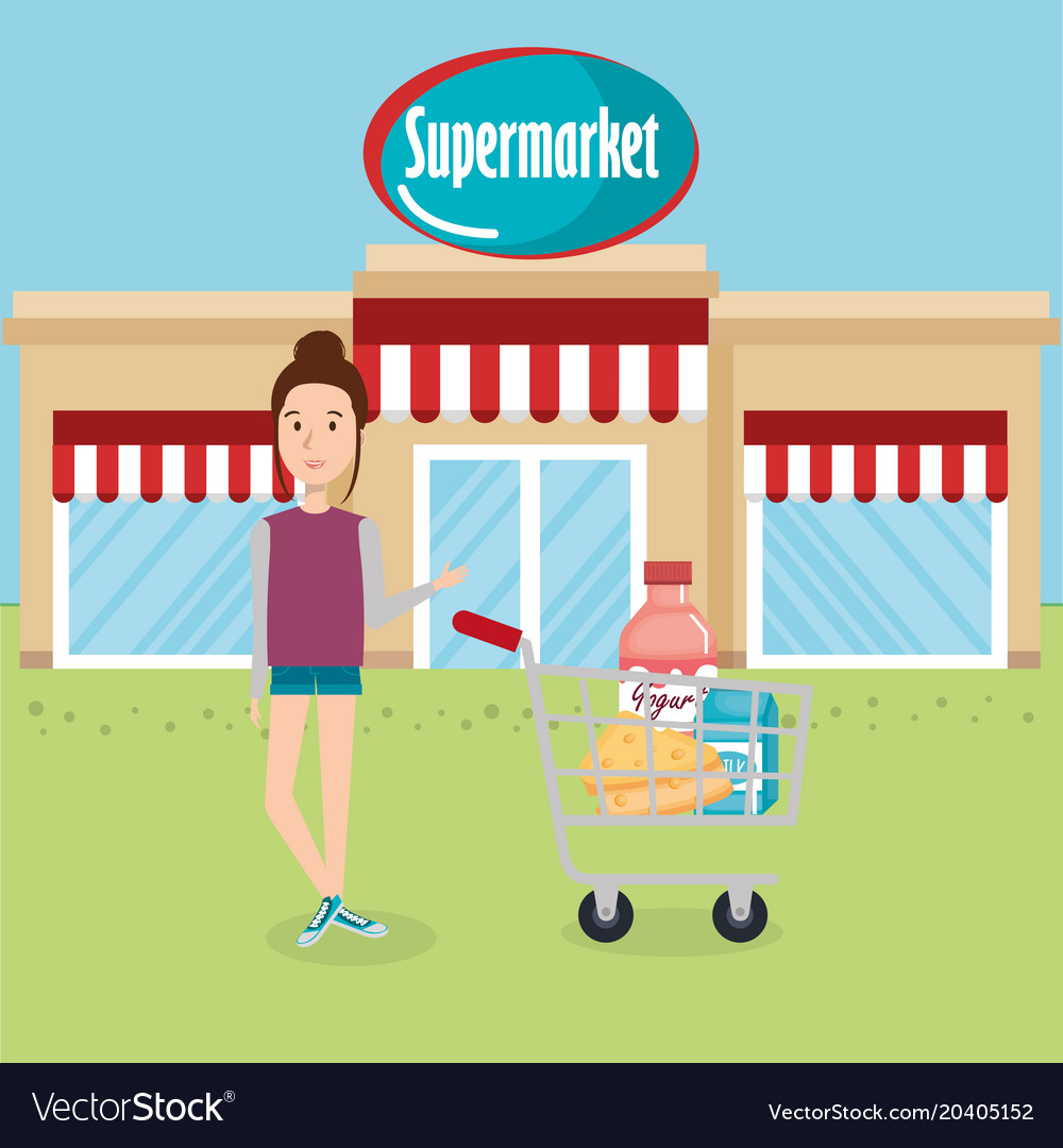 Consumer with shopping cart of groceries