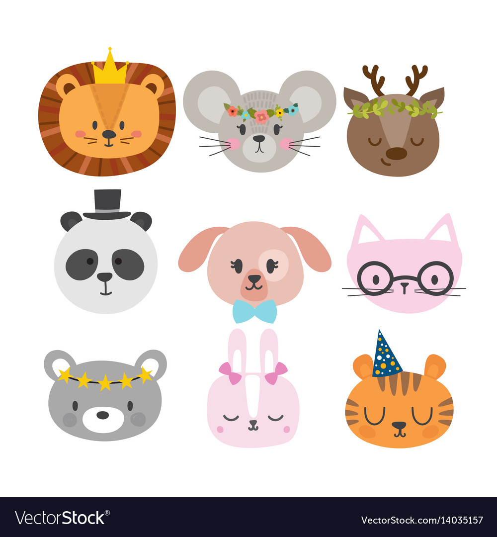 Cute animals with funny accessories set of hand