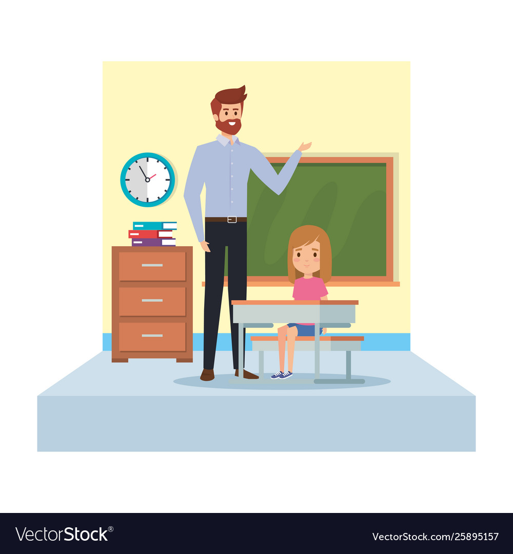 Male teacher and girl seated in desk classroom