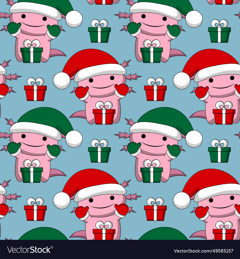 Seamless pattern with cute christmas axolotl