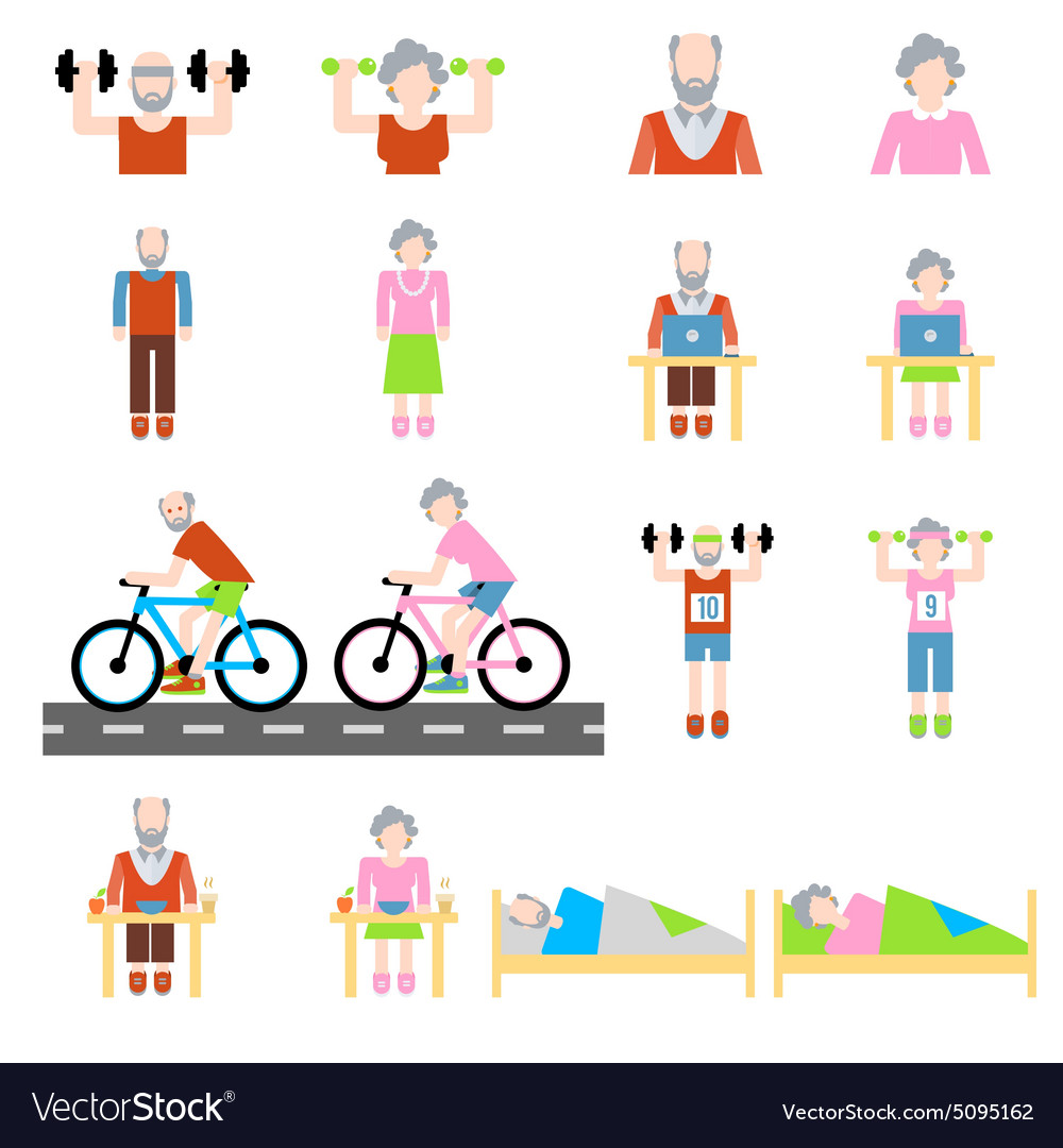 Senior lifestyle flat icons set