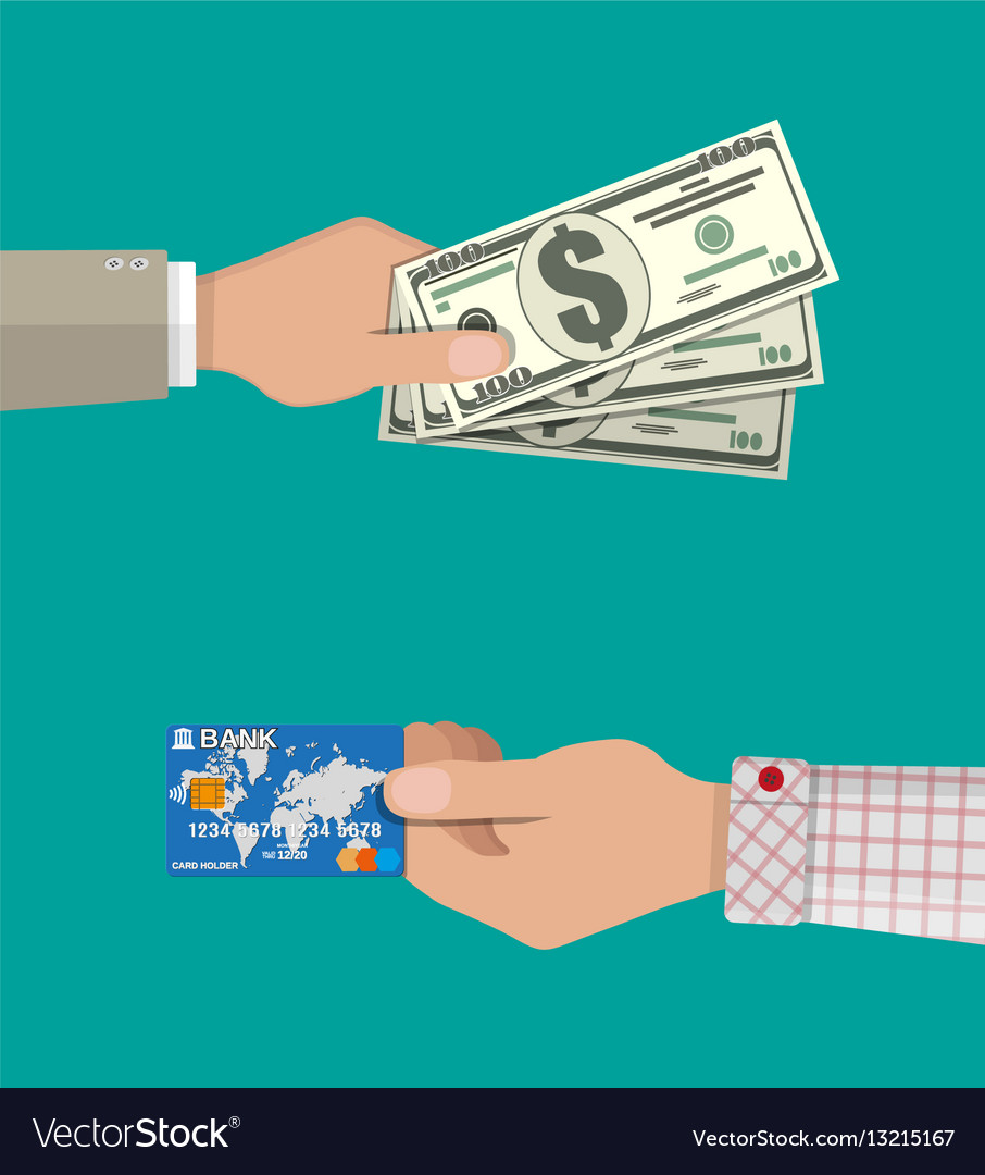 Hands with bank card and cash Royalty Free Vector Image