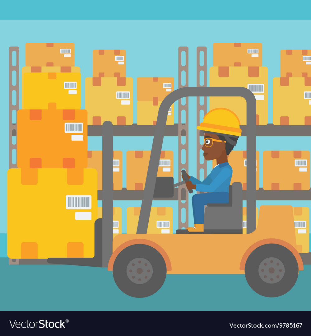 Warehouse worker moving load by forklift truck