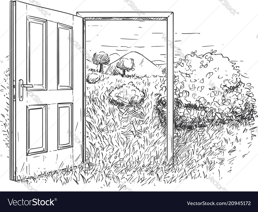 Artistic Drawing Of Open Door In Beautiful Nature