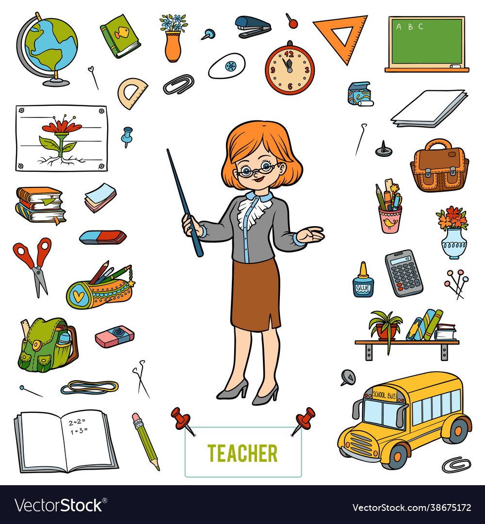 Colorful set with teacher and objects from school Vector Image