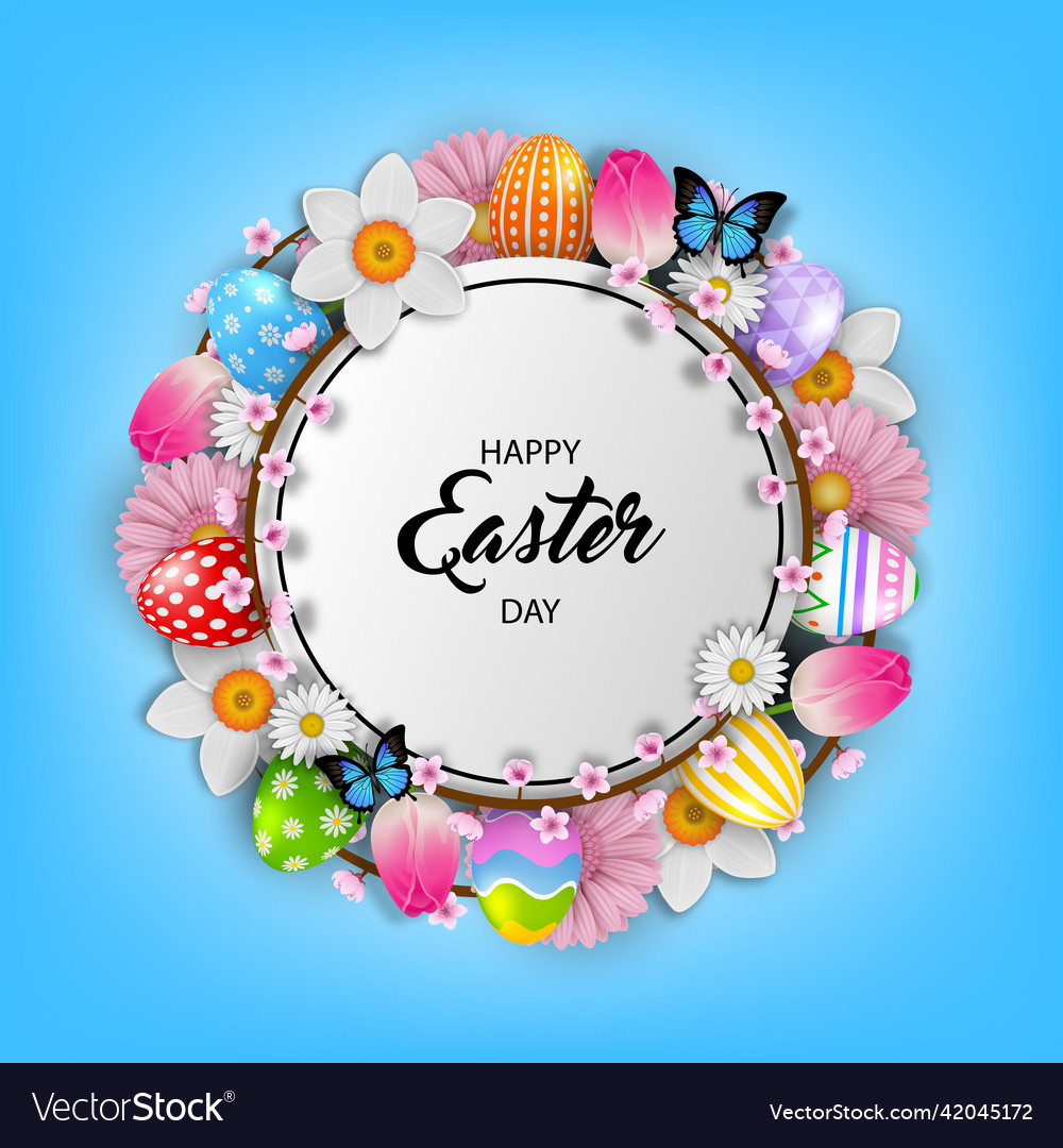 Easter background with flowers and colorful eggs