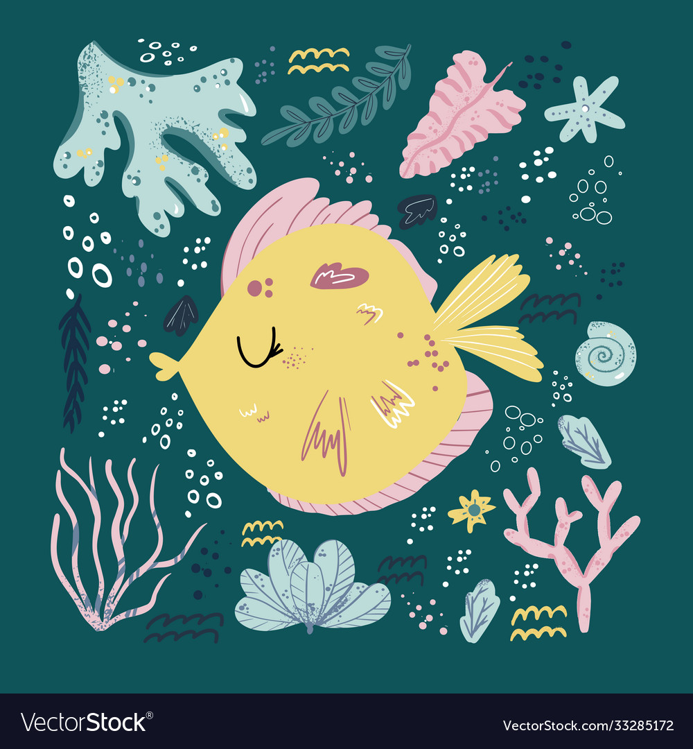 Fish cute doodle hand drawn flat wild sea marine Vector Image