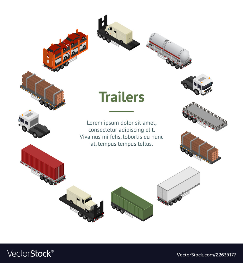 Download Different types trailers 3d banner card circle Vector Image