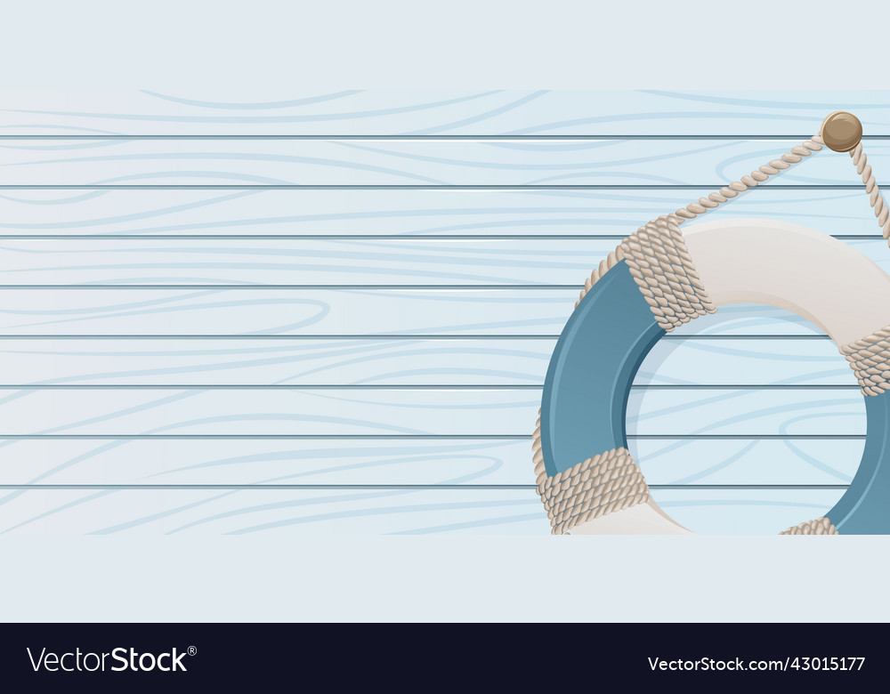 Lifebuoy with ropes on a blue wooden background