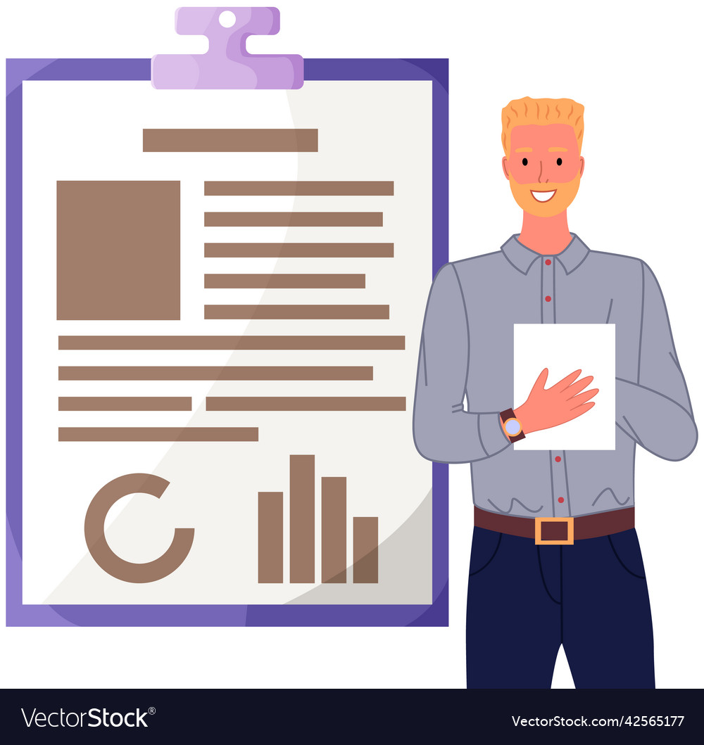 Man analyses digital report with data statistical vector image Man analyses digital report with data statistical