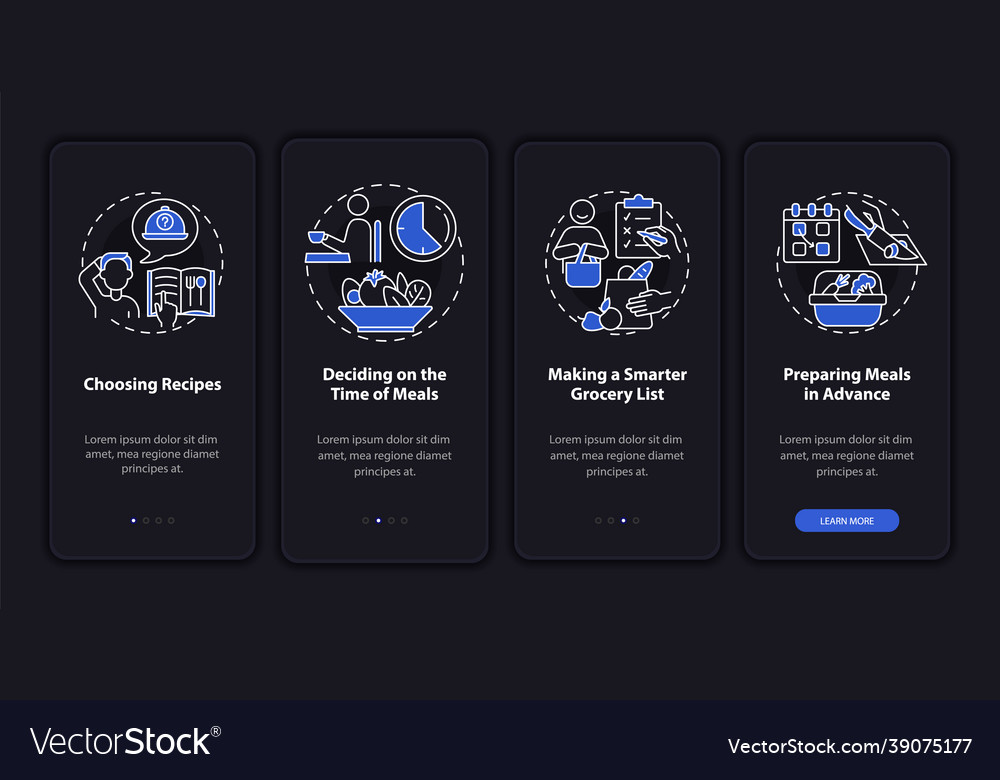 Meal-Planung Grundlagen dunkel Onboarding mobile app vector image Meal-Planung Grundlagen dunkel Onboarding mobile app