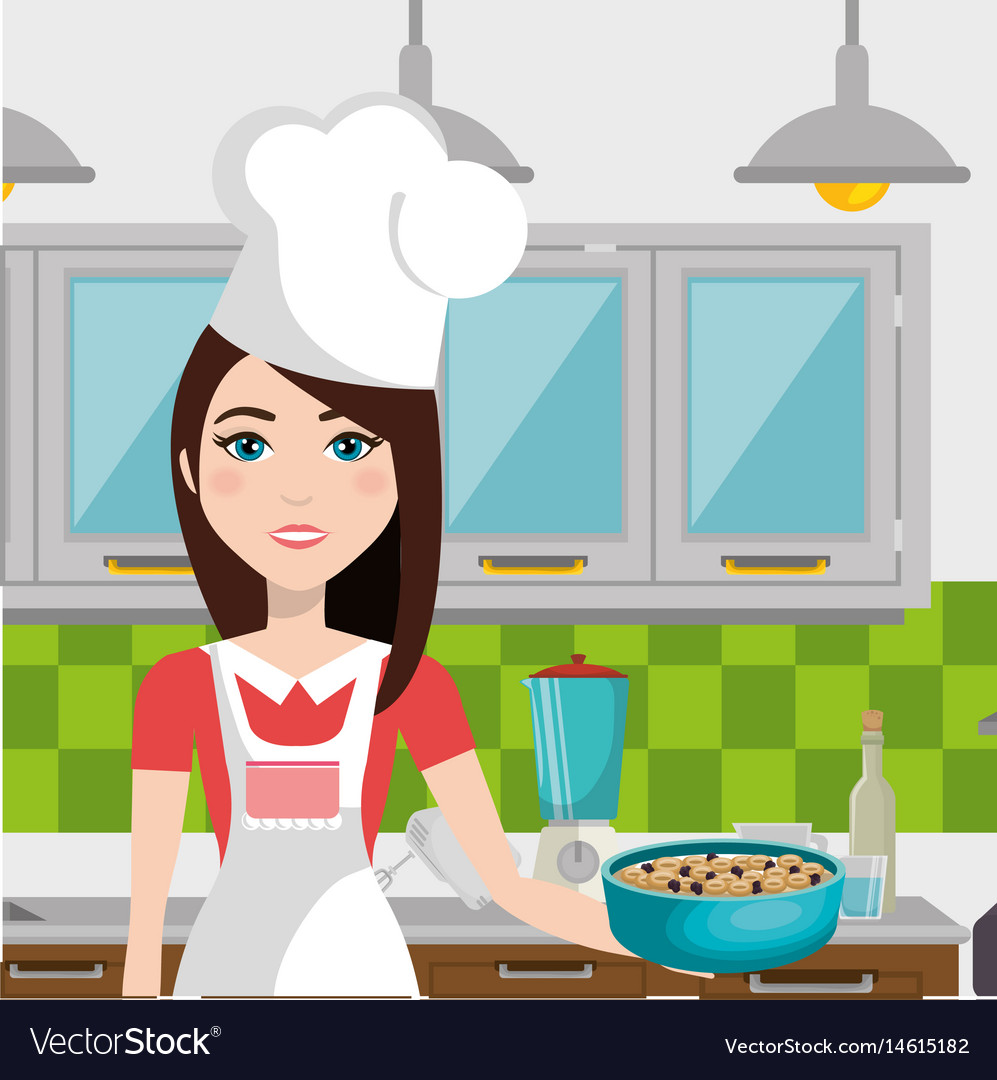 Cute Woman Cooking In Kitchen Royalty Free Vector Image