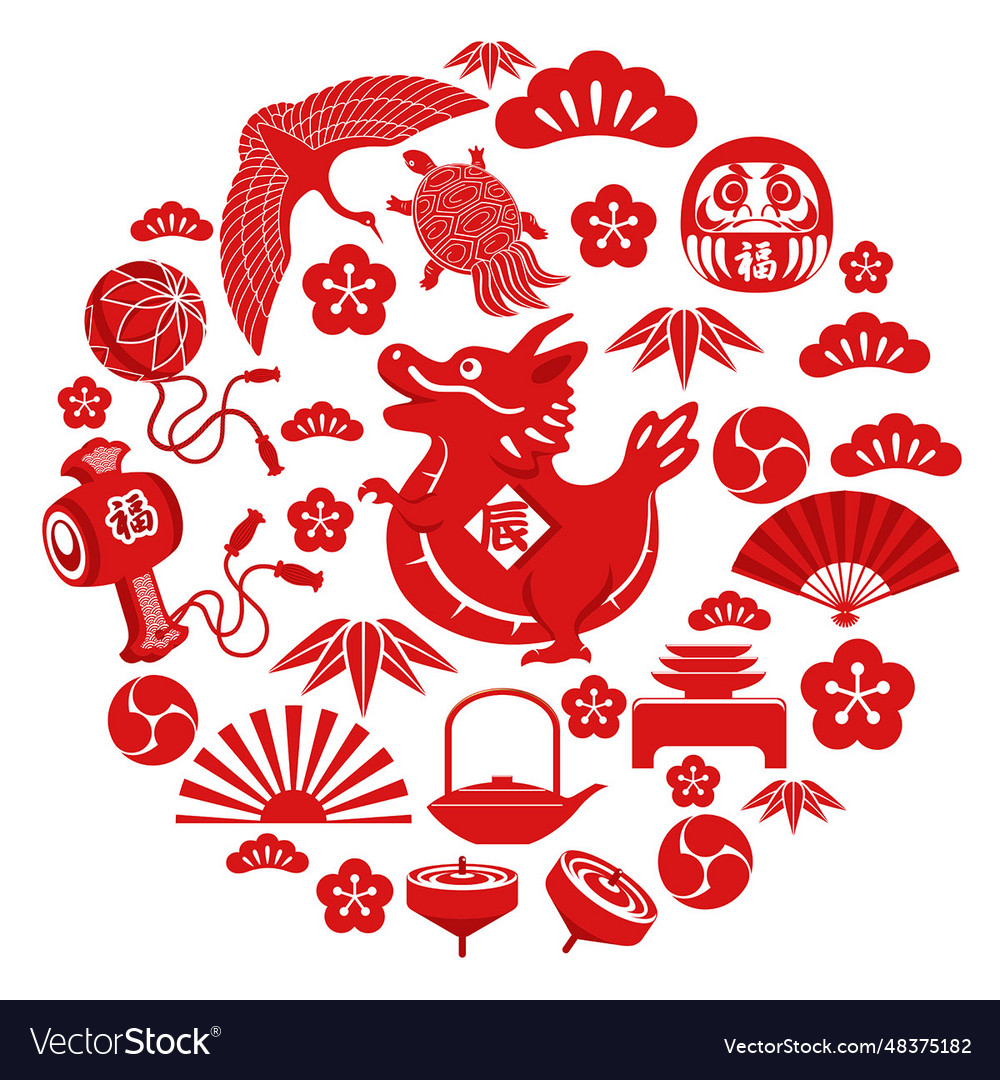 Year of the dragon icon andvintage lucky charms