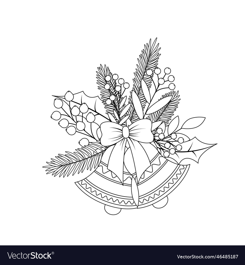 Coloring page bells fir tree berries bow