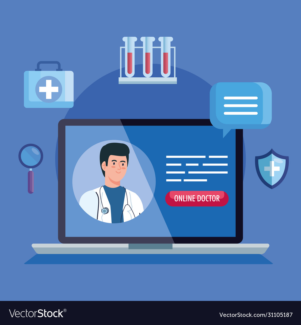 Doctor and laptop with app medicine online