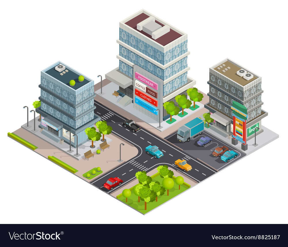 Shopping Center Buildings Complex Isometric Banner