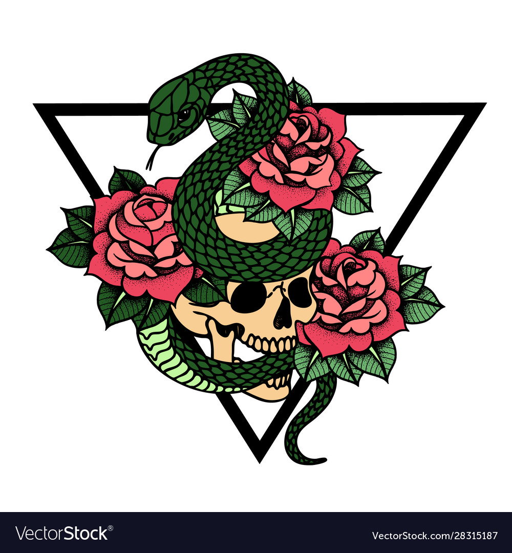 Tattoo with roses and snake skull with sacred Vector Image