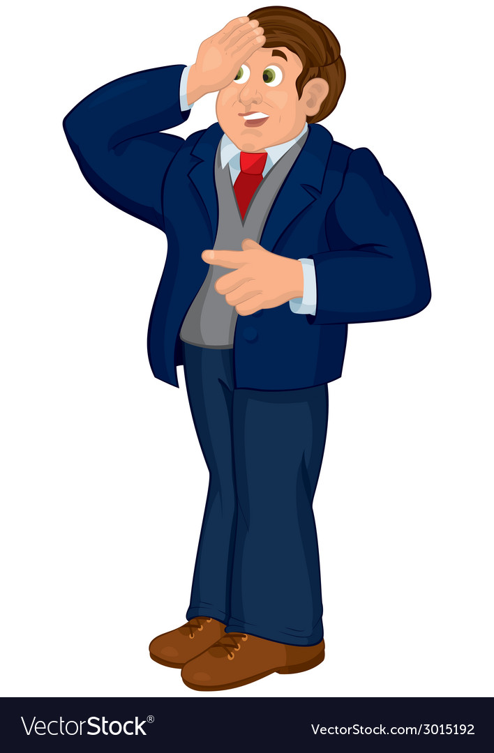 Cartoon man in blue suit touching his forehead Vector Image