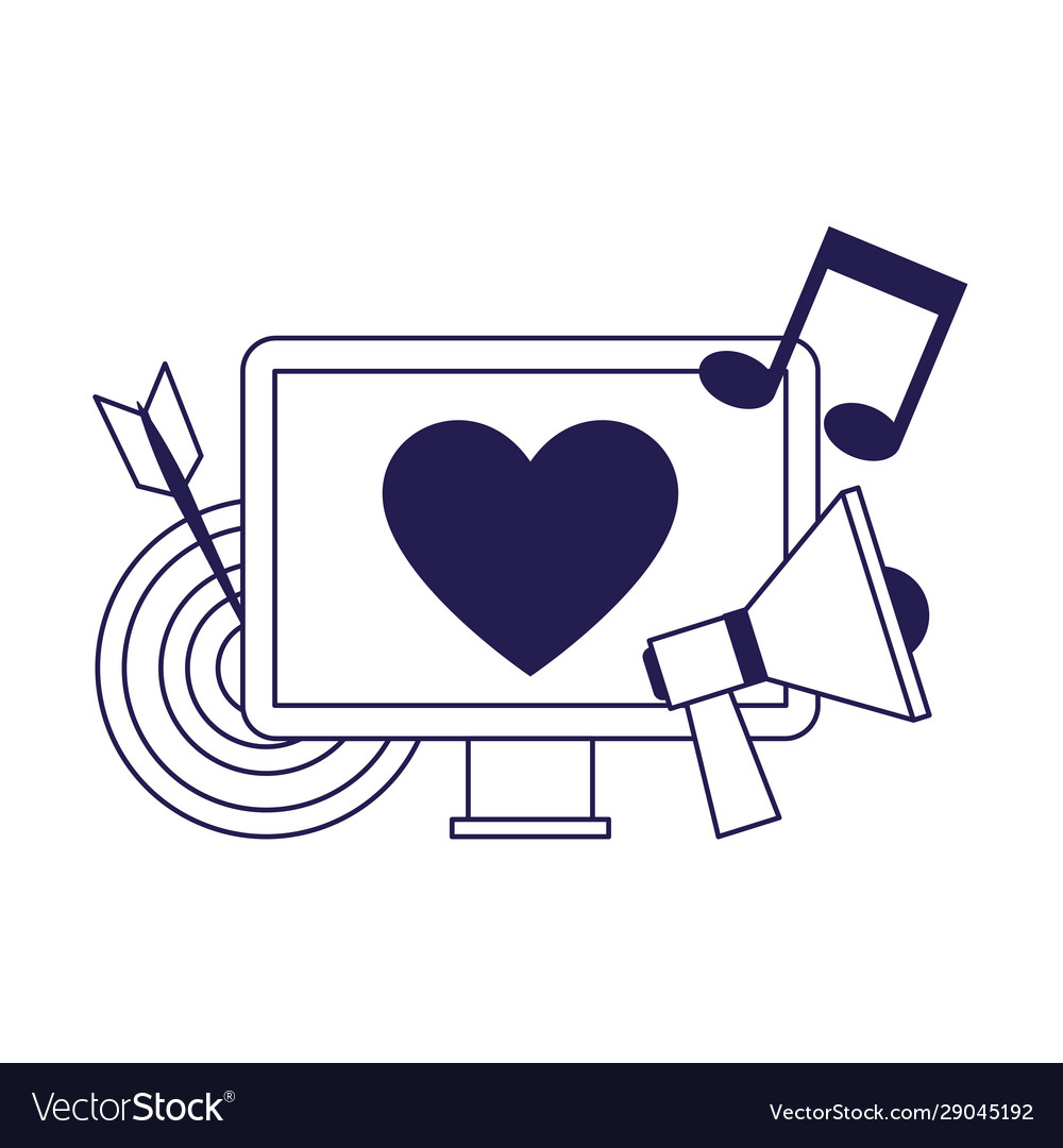 Computer with target and megaphone flat design vector image Computer with target and megaphone flat design