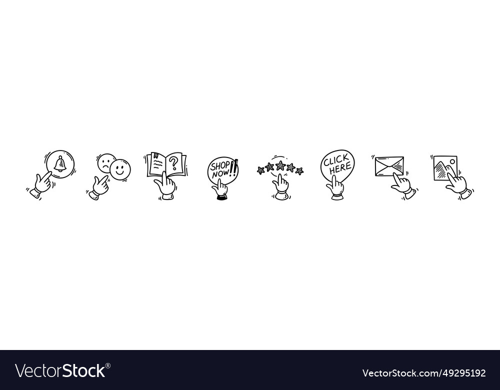 Doodle click icons set hand finger cursor pointer vector image Doodle click icons set hand finger cursor pointer