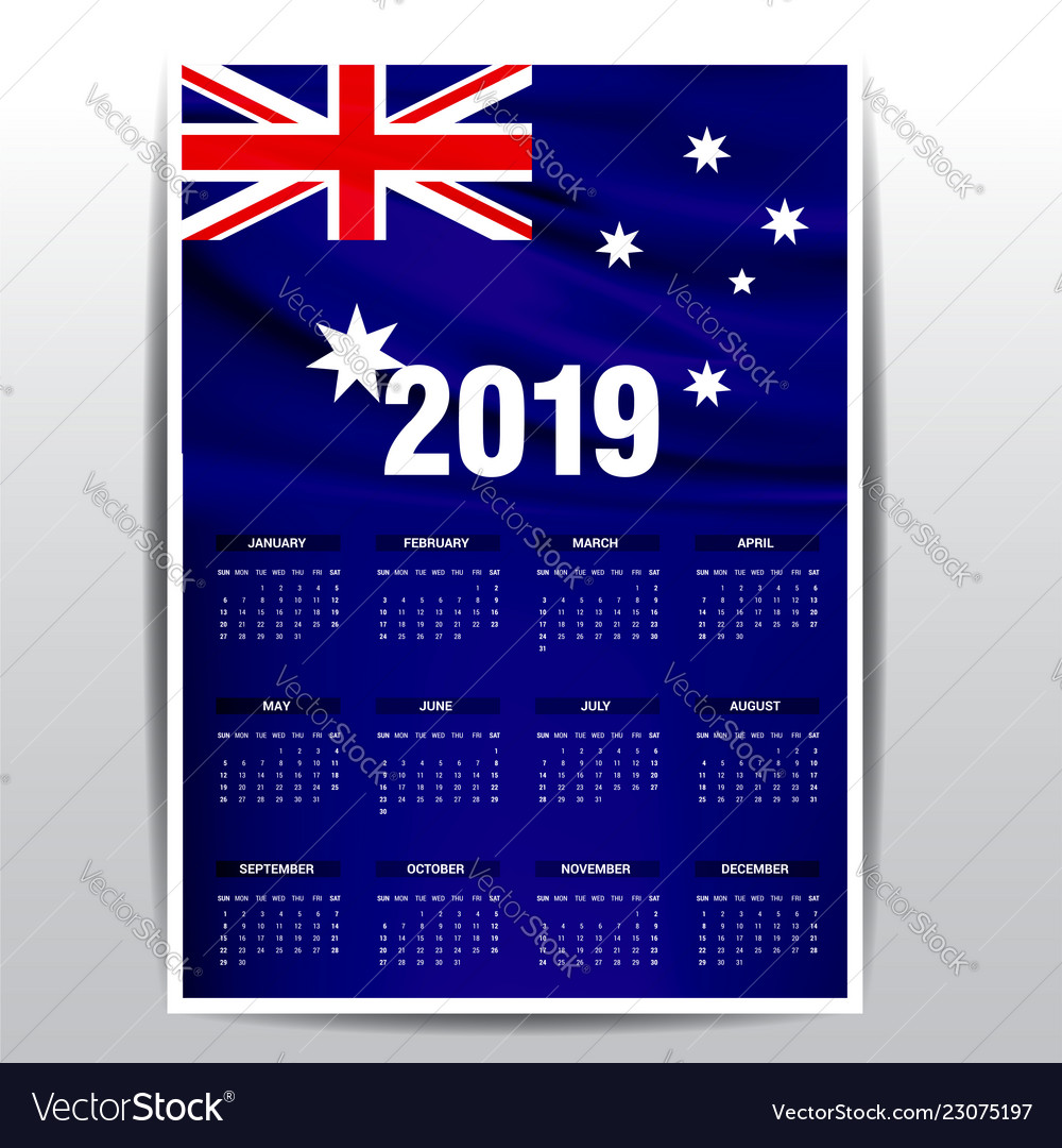 Calendar 2019 australia flag background english Vector Image