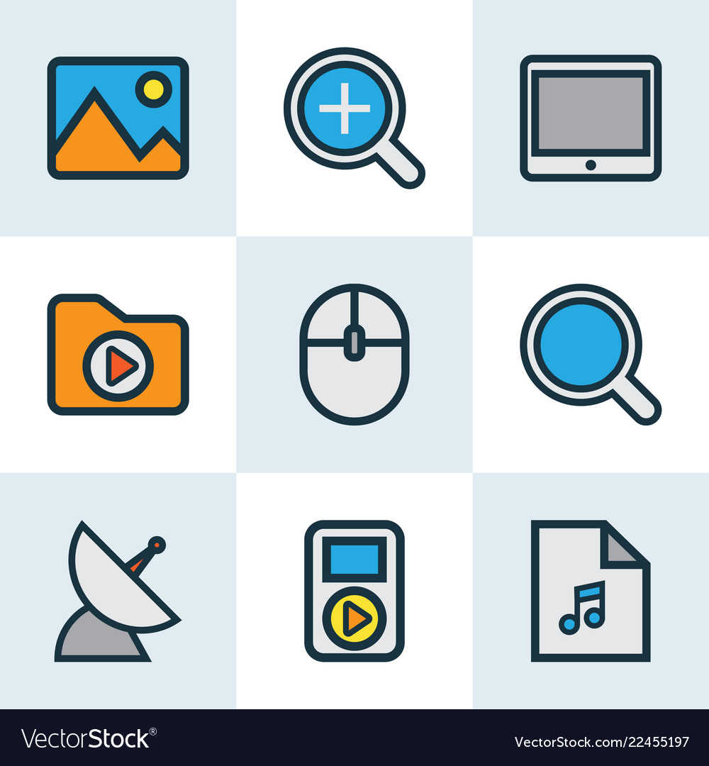 Multimedia icons colored line set with computer vector image Multimedia icons colored line set with computer