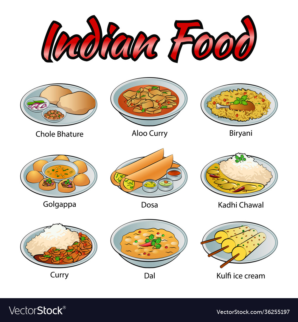 Set delicious and famous food indian Royalty Free Vector