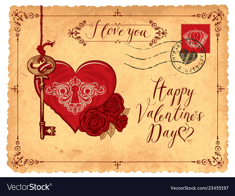 Vintage valentine card with key heart and roses Vector Image