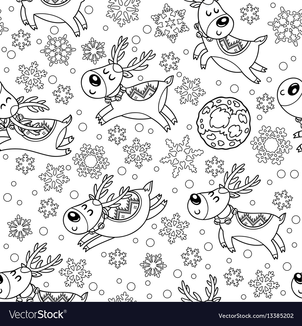 Seamless pattern with christmas deers in outline vector image Seamless pattern with christmas deers in outline